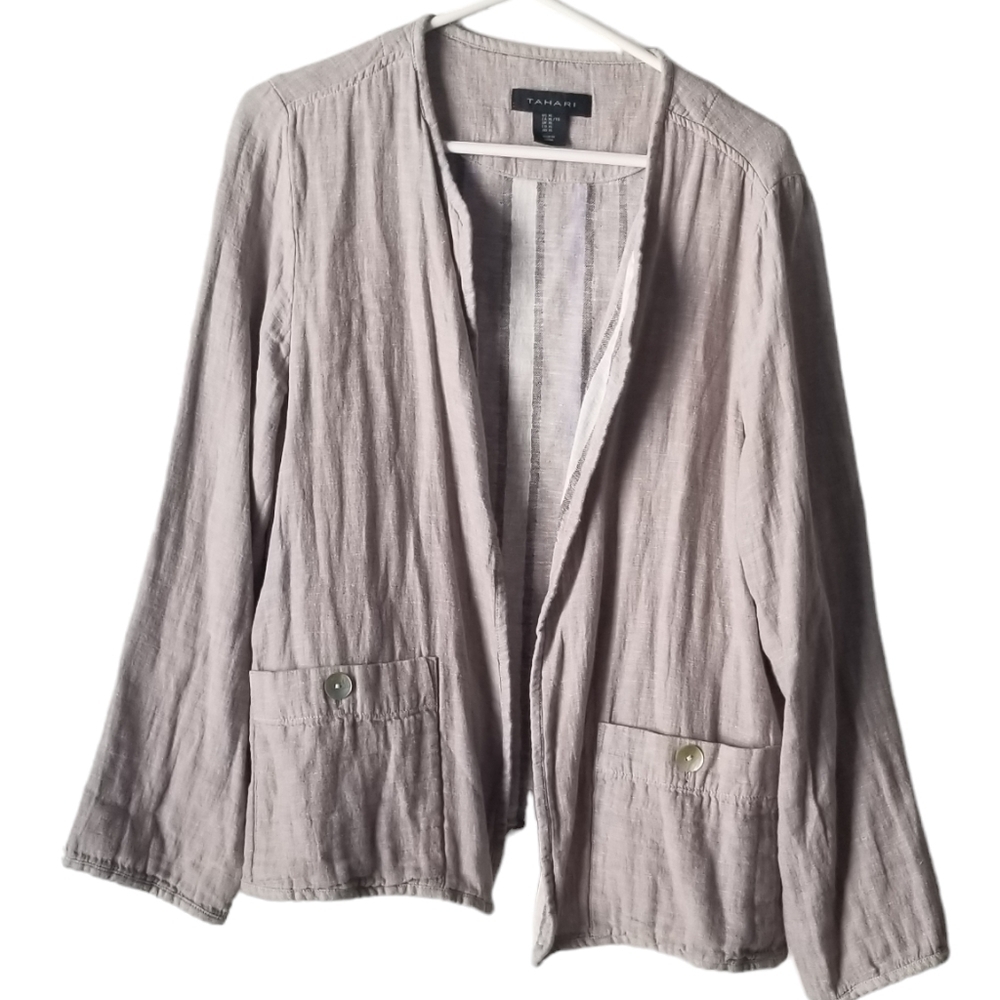 Tahari Linen Blend Long Sleeve Open Front Cardigan Jacket Gray Size XL